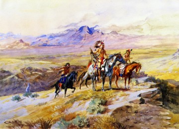 アメリカインディアン Painting - ワゴン列車を偵察するインディアン 1902年 チャールズ・マリオン・ラッセル アメリカ・インディアン